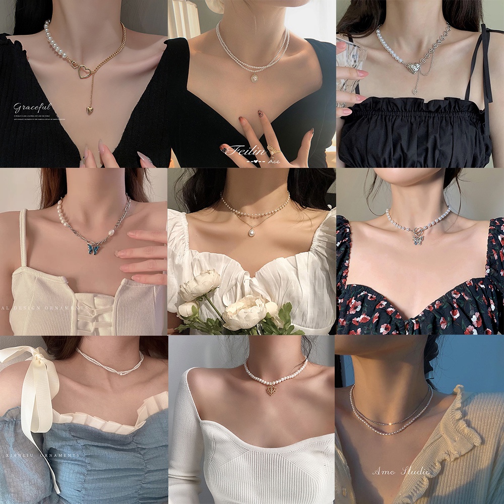 iF YOU Vòng cổ   mặt trái tim và bướm đính ngọc trai thanh lịch cho nữ