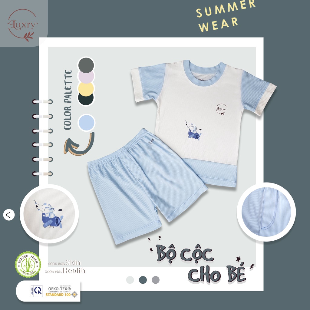 Bộ quần áo cộc cổ tròn gân tăm thương hiệu Luxry đáng yêu cho bé trai, bé gái