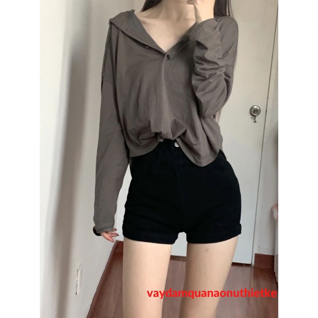 Quần Short Nữ Jean Giấy Cạp Cao Khóa Trước Layer.shop Co Giãn Tốt