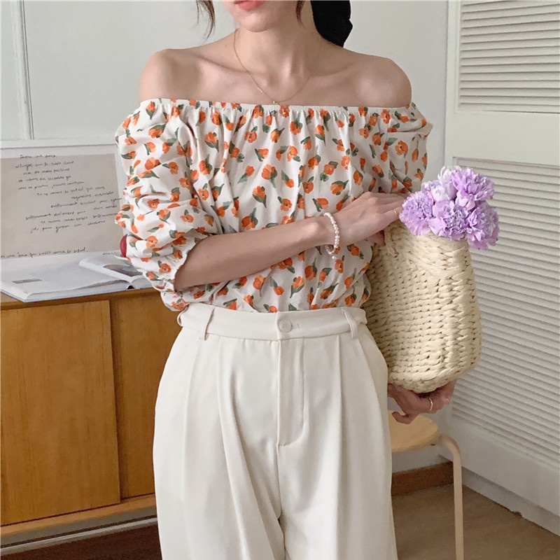 SUXI Áo Trễ Vai In Hoa Phong Cách Hàn Quốc Xinh Xắn Dành Cho Nữ