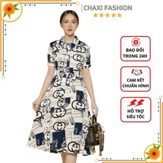 Hàng nhập - đầm xòe midi lụa họa tiết logo cột eo siêu xinh - klct122400