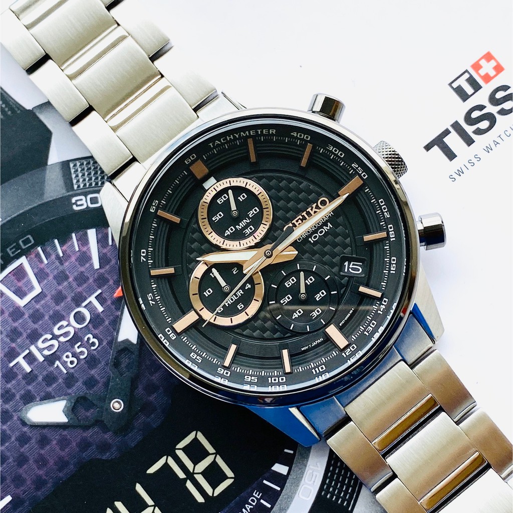 Đồng hồ Nam Seiko Chronograph SSB331P1 Mặt đen,6 kim thể thao,Lịch ngày-Máy Pin Quartz-Dây kim loại cao cấp-Size 43mm