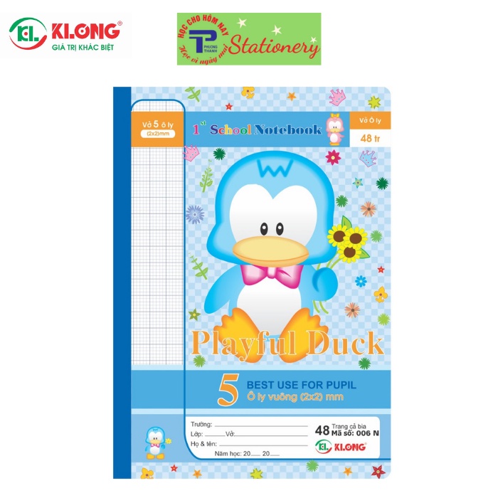 Vở 48 trang 5 ô ly nhỏ Klong - 1st school bìa họa tiết vịt con đáng yêu màu ngẫu nhiên MS 006