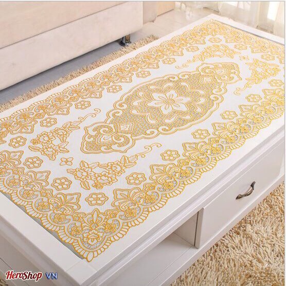 60x120cm - Khăn Trải Bàn Nhũ Vàng Hoa Văn Dập Nổi Sang Trọng Chống Thấm