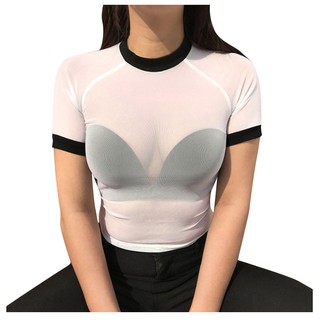 Áo Croptop Phối Lưới Xuyên Thấu Cho Nữ