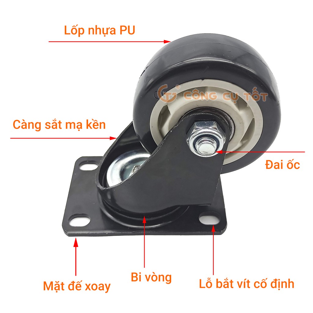 Bánh xe đẩy mặt đế xoay càng sắt tải trọng 50kg lốp nhựa PU đen rộng 32mm Φ75mm