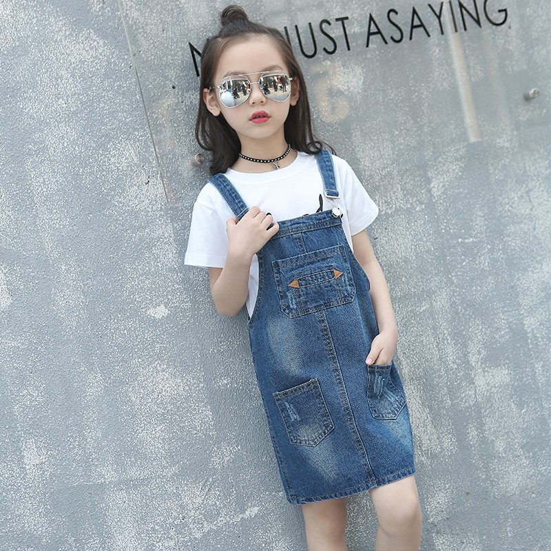 Váy denim bé gái mùa xuân và thu trẻ em 2018 phiên bản Hàn Quốc mới của phụ huynh-trẻ mặc dây hè cho