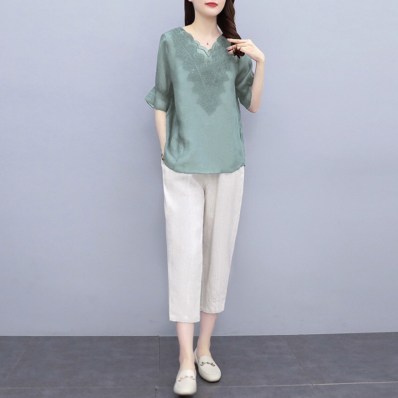 144055 Bộ áo và quần dài vải cotton nữ hè tay ngắn hàng nhập