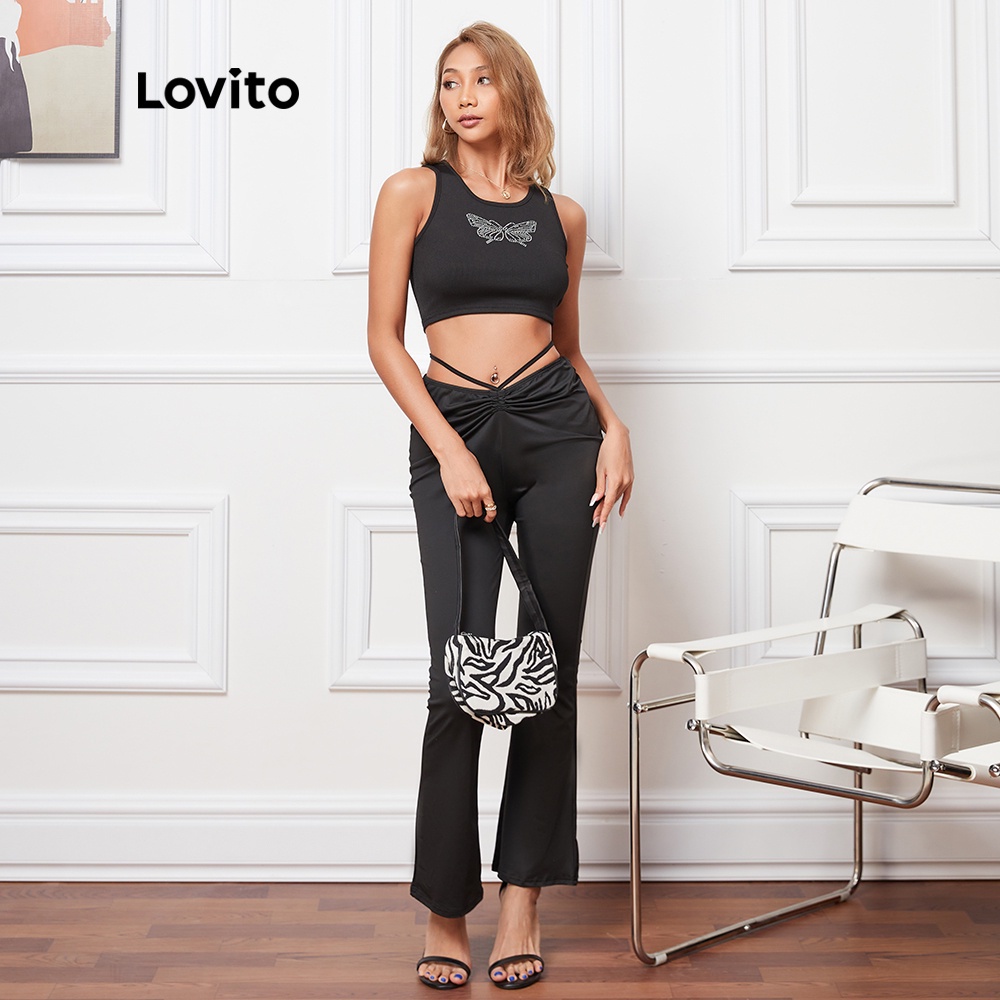 Áo tanktop Lovito cổ tròn in bươm bướm dáng ngắn đáng yêu L08036 (Màu đen) | BigBuy360 - bigbuy360.vn