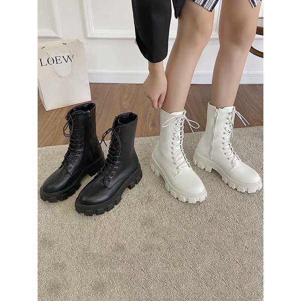 Boot ulzzang cao cổ 20cm buộc dây kéo khóa đế cao 5.5cm màu đen/trắng cá tính đẹp mới xinh thời trang | BigBuy360 - bigbuy360.vn