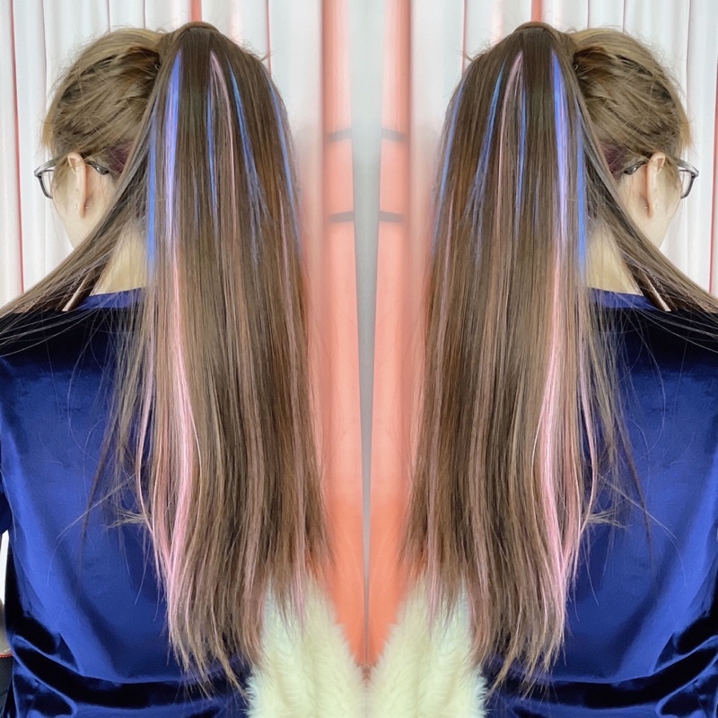 Buộc Quấn Tóc Giả Thẳng Line Xanh Hồng Dài