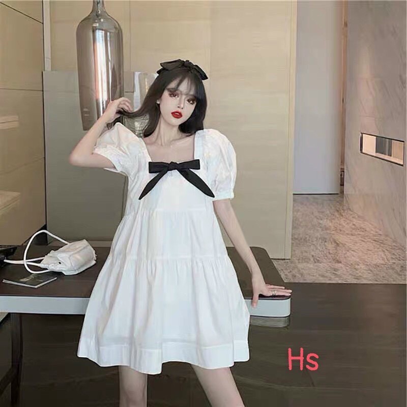 Váy đầm nữ dáng babydoll màu trắng cột nơ cổ tay bồng nữ tính