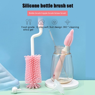 LT03-3pcs Silicone Baby Bottle Brush Set Straw Nipple Cleaner 360 Rotation Water Bottle Cup Cleaning Brush Tools