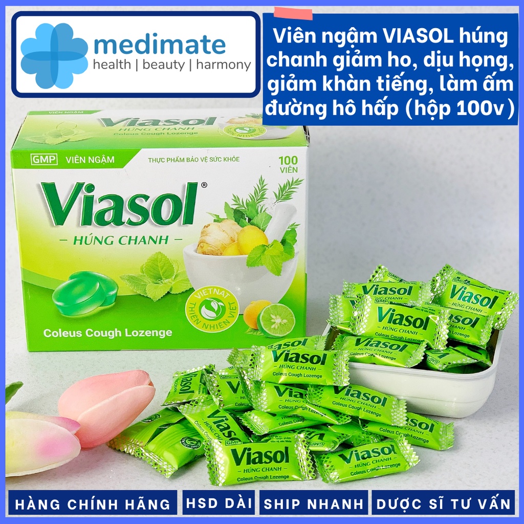 Viên ngậm VIASOL Húng Chanh giảm ho, giảm đau họng, dịu họng, làm ấm đường hô hấp (hộp 100 viên)