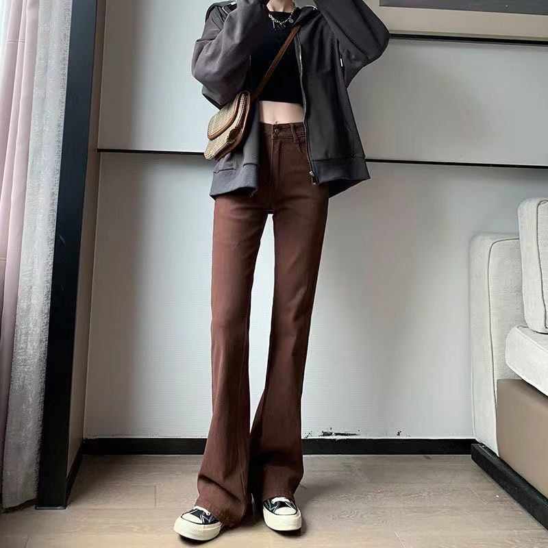 Jiashucheng Quần Jean Nữ Ống Loe Lưng Cao Màu Nâu Phong Cách Mới Mùa Xuân Hè