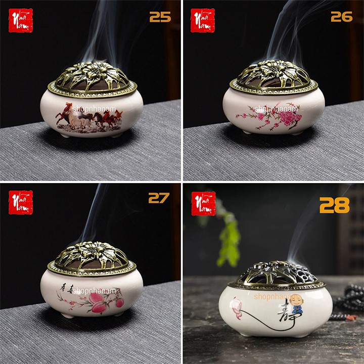 Lư xông trầm hương đỉnh đốt nhang gốm sứ men hỏa biến, họa tiết