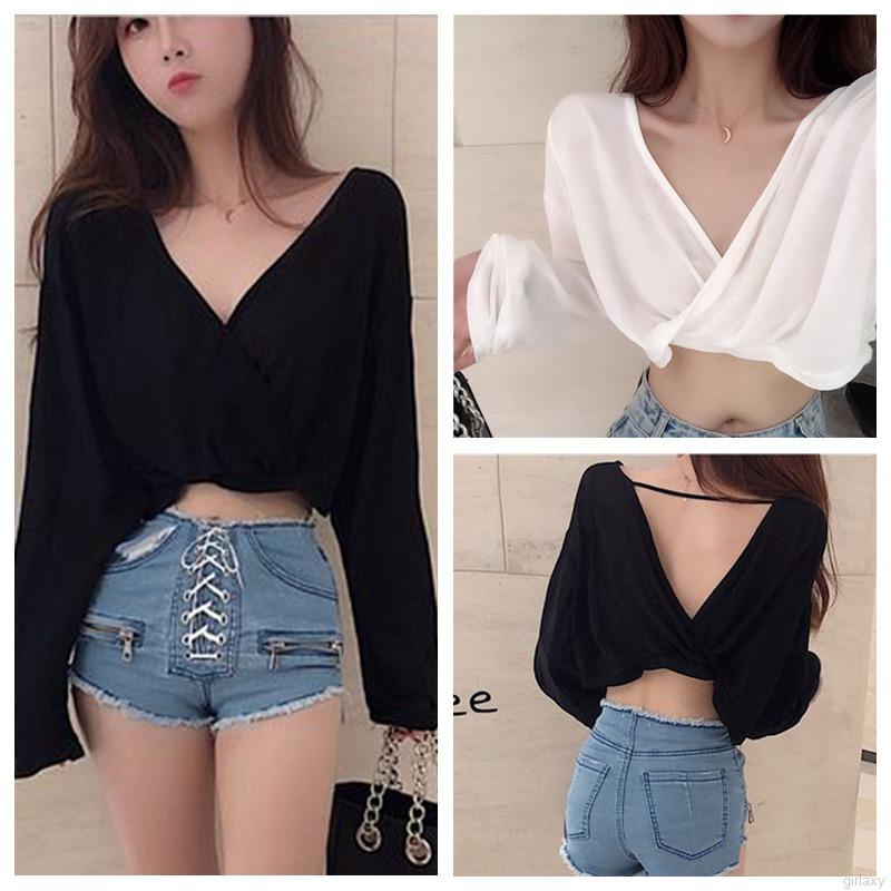 Áo Croptop Tay Dài Cổ Chữ V Thiết Kế Đắp Chéo Phối Dây Thời Trang Phong Cách Hàn Quốc