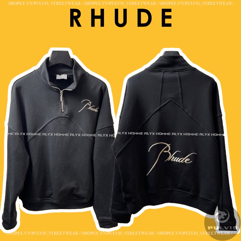 - Áo Rhude Logo Embroidered Half-Zip Sweater Black, Áo sweater Rhude Sơn Tùng MTP