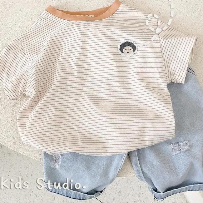 Áo Thun Tay Ngắn Họa Tiết Kẻ Sọc Phong Cách Phương Tây Thời Trang Mùa Hè Mới 2021 Dành Cho Bé Trai Bé Gái