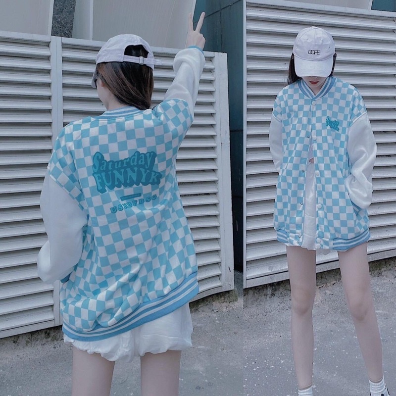 Áo Bomber Nỉ Bông Unisex Caro Thêu Chữ Ảnh Thật