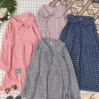 (im__chane) Đầm babydoll tay dài cổ bèo caro