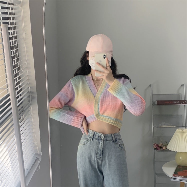 Áo Khoác Cardigan Dệt Kim Tay Dài Dáng Rộng Màu Nhuộm Phong Cách Hàn Quốc Thời Trang Thu Đông Cho Nữ