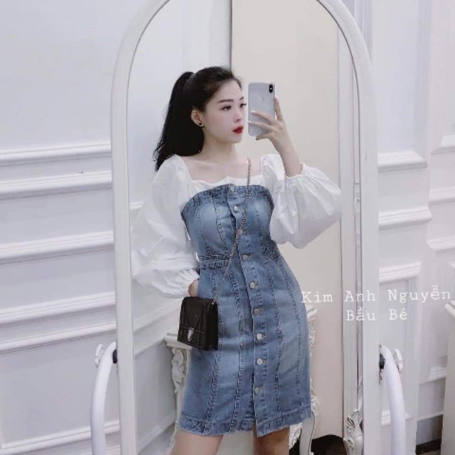 Đầm Body Jeans Cài Nút Phối Tay Phồng