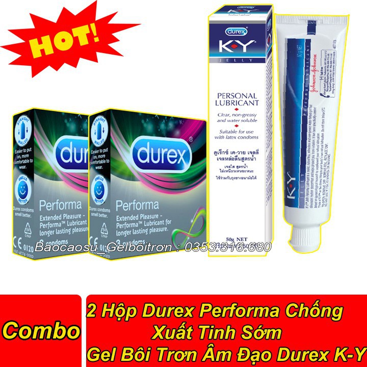 [ CAM KẾT CHÍNH HÃNG ] Gel Bôi Trơn Âm Đạo Durex K-Y Jelly 50g - 2 Hộp Bao Cao Su Durex Performa Chống Xuất Tinh Sớm