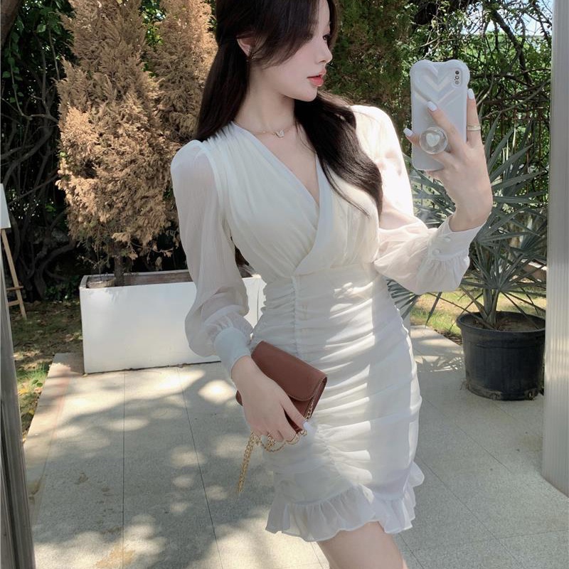 IELGY Đầm Chiffon Trắng Tay Phồng Cổ Chữ V Dáng Ôm Thời Trang Hàn Quốc Cho Nữ