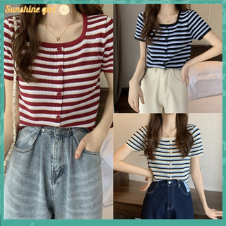 Áo Thun Tay Ngắn Cổ Vuông Họa Tiết Kẻ Sọc Thời Trang Mùa Hè Cho Nữ 2021croptop nữ