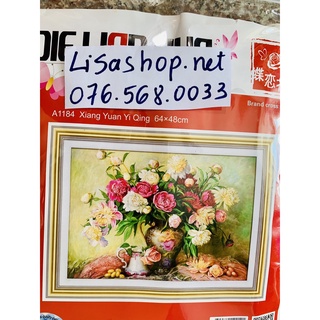 Tranh thêu bình hoa mẫu đơn 64x48cm chưa thêu a1184