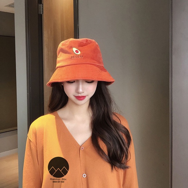 Mũ, nón bucket Ulzzang thêu hình quả bơ phủ nhung gân dày dặn cao cấp