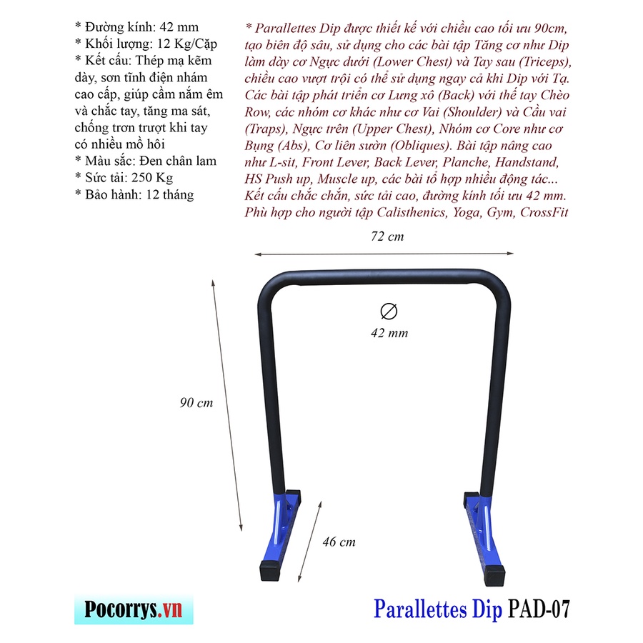 Xà kép Parallettes Dip cao 90cm, Pocorrys PAD-07, Màu đen chân lam