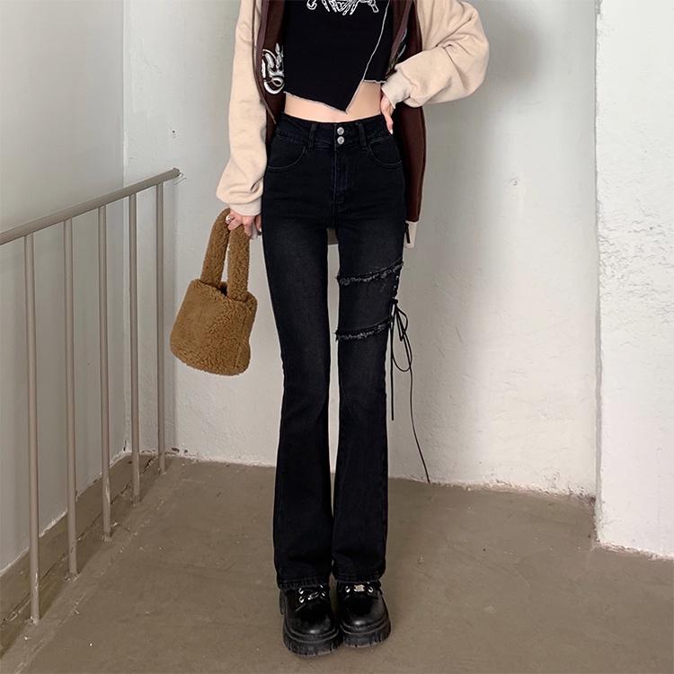Đen Quần jeans Nữ Lưng Cao Ống Loe