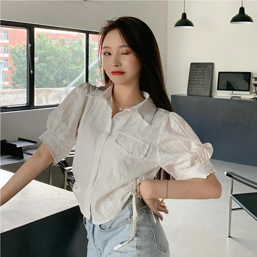 Áo kiểu cho nữ ngắn tay cổ chữ V xếp ly thời trang