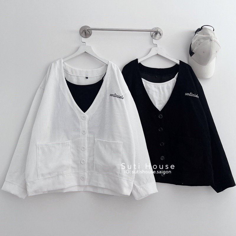 Áo Cardigan Nhung Gân 2 Màu Trắng Đen Form Rộng - Suti House