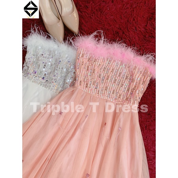 Đầm maxi cúp ngực lưới phối lông kết cườm TRIPBLE T DRESS - size M/L - MS386V