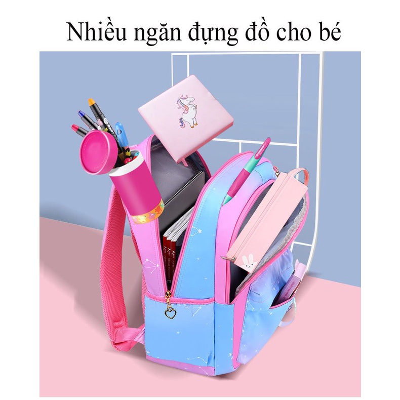 Balo cho bé gái cấp 1 đi học hình tinh văn, cặp sách chống thấm có phản quang cho học sinh tiểu học từ lớp 2 đến lớp 5