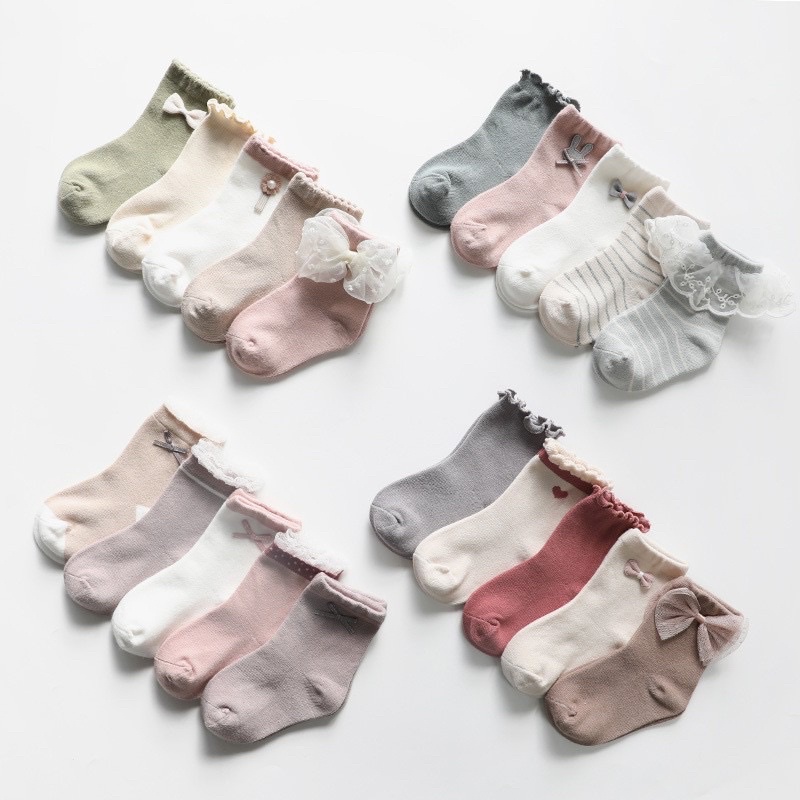 Set 5 Đôi Tất Cho Bé Gái Cotton Mềm Mại Size 0 - 6 tuổi