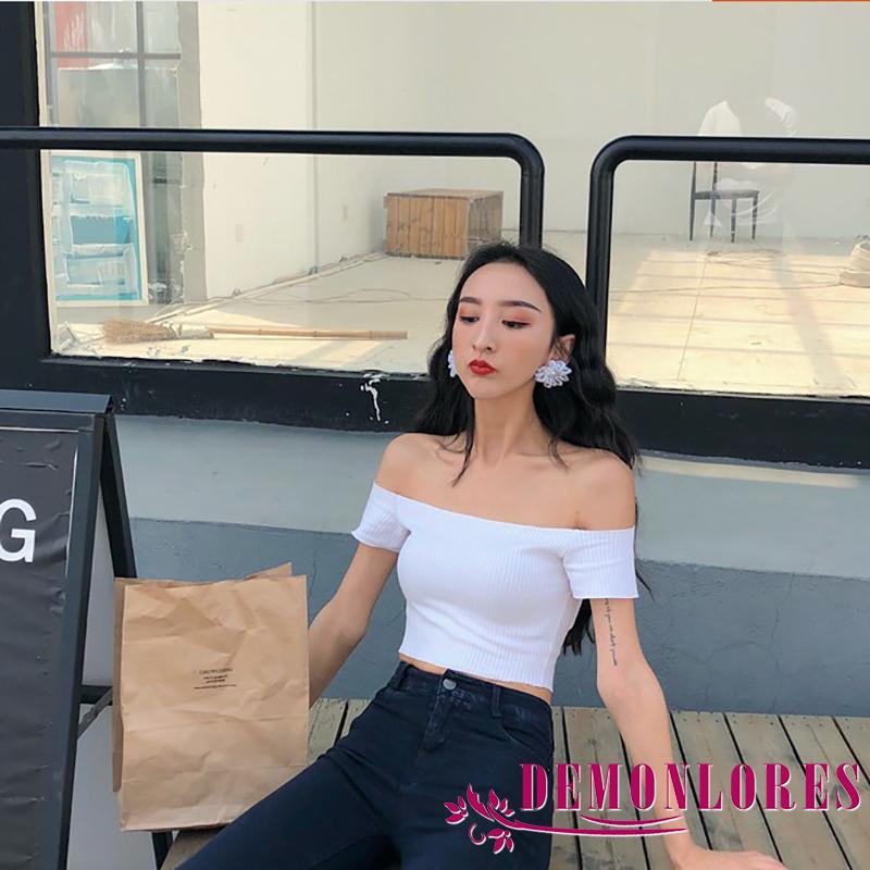 Áo Croptop Tay Ngắn Trễ Vai Màu Sắc Đơn Giản Cho Nữ