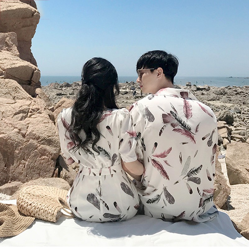Áo đôi áo cặp nam nữ du lịch 🎀FREESHIP🎀 Set váy áo sơ mi cặp hoa lá đi biển Hàn Quốc  AV17 YAME Couple