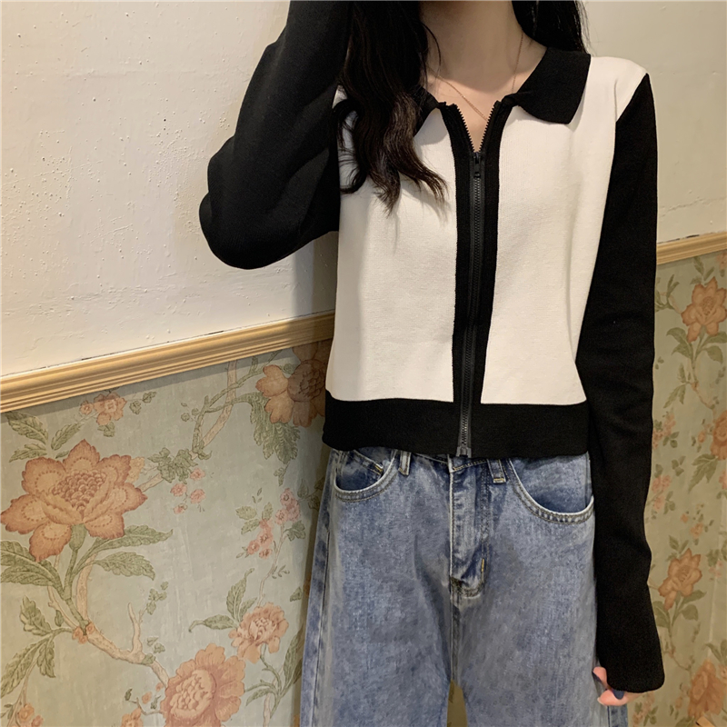 Áo Cardigan Dệt Kim Tay Dài Cổ Bẻ Phối Khóa Kéo Phong Cách Hàn Quốc