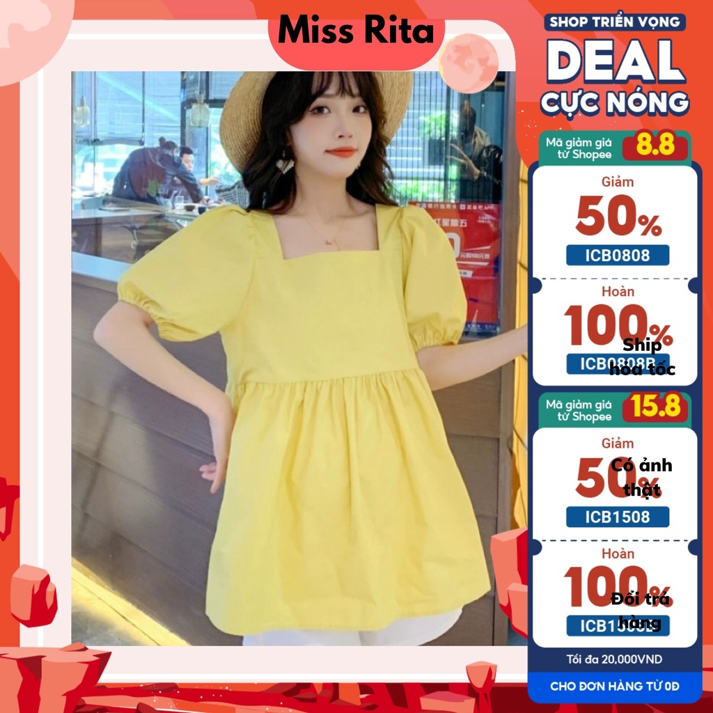 Áo babydoll thiết kế bigsize MISS RITA Áo bầu công sở nữ cổ vuông tay bồng màu VÀNG thiết kế bởi Miss Rita