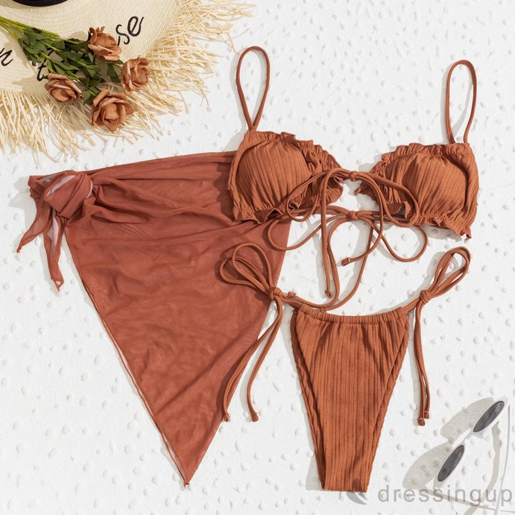 Dre-bộ Đồ Bơi Màu Trơn Xẻ Tà (Bộ Bikini Với Diềm Xếp Nếp + Quần + Áo Che Phủ Mesh)