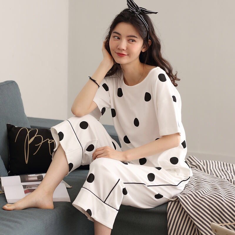 Bộ Đồ Ngủ Cotton Nữ Mùa Hè Ngắn Tay Quần Mỏng Đầu Mùa Xuân Và Mùa Thu, Mùa Hè Có Thể Mặc Nhà Dịch Vụ Phù Hợp Với