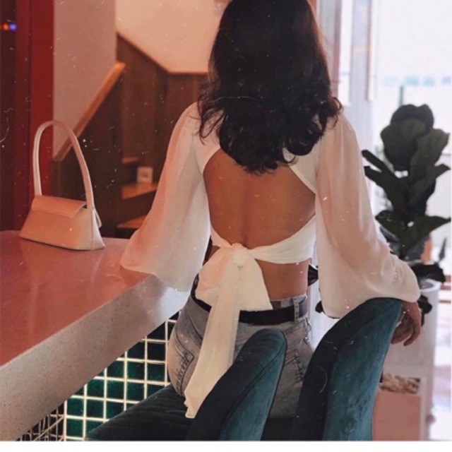 🥰🥰 Áo Croptop Trắng Cột Nơ Lưng Tay Bồng♥️