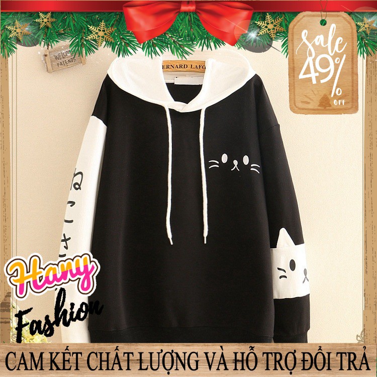 Áo khoác nỉ tay dài in hình mèo con có nón phía sau || Hany Shop