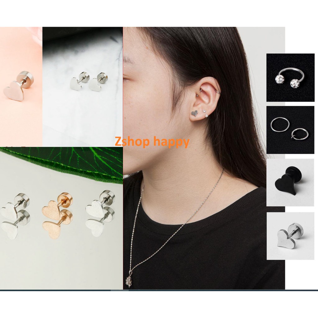 Khuyên titan thép trái tim xinh xắn mỏng sát (nút vặn dẹt) KTTV21