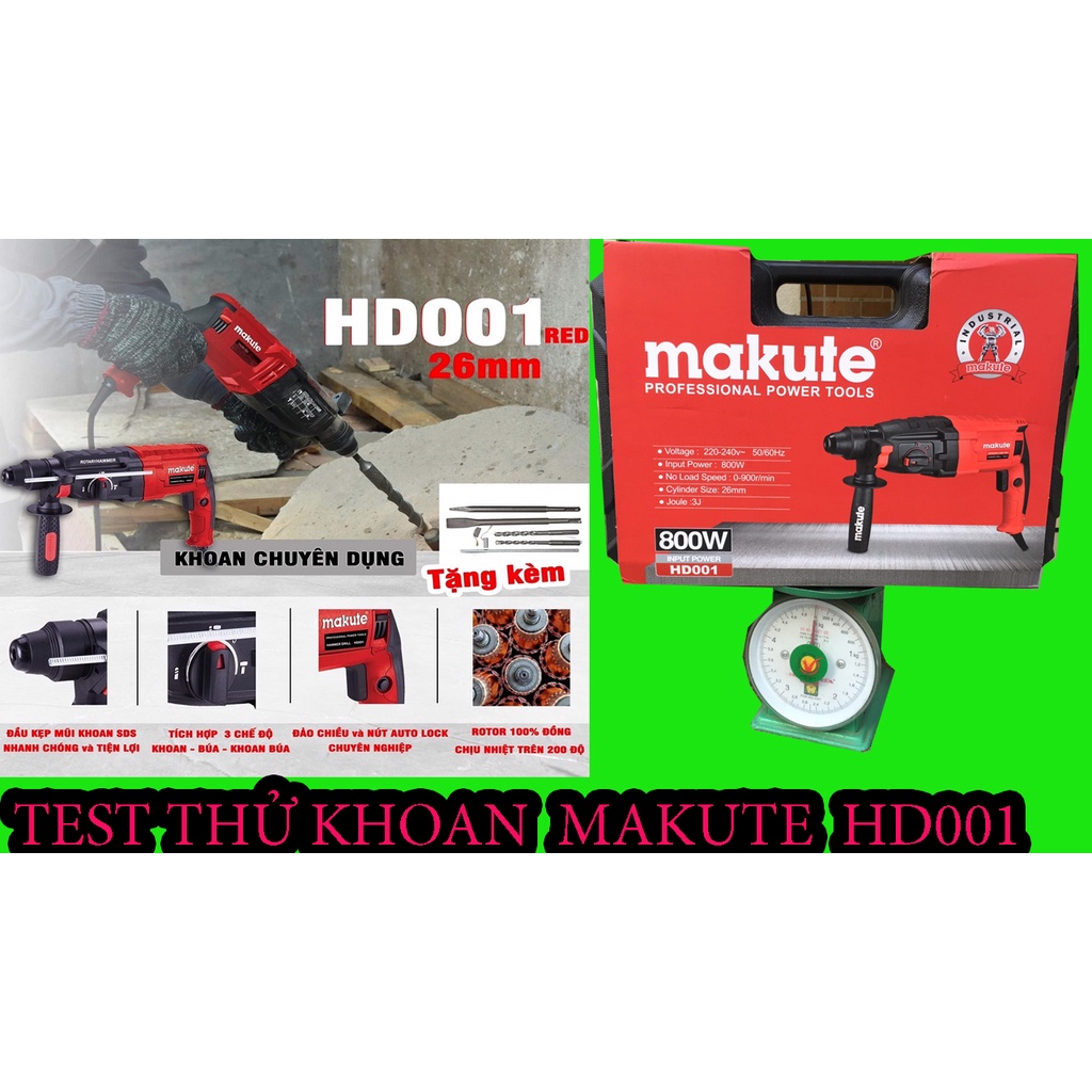 Tặng mũi Máy khoan cầm tay Makute HD001 RED 26mm 3 chức năng khoan tường , khoan bê tông và đục giá cực tốt