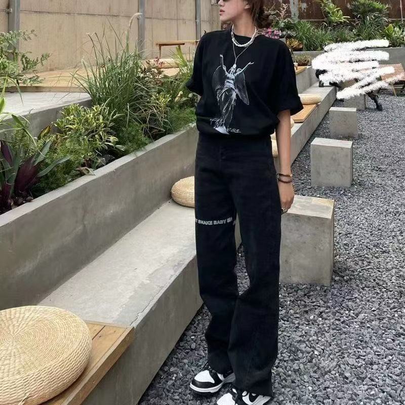 20121 new autumn and summer black Harajuku style high waist straight slimming letter printed stretch pants jeans for women OSps